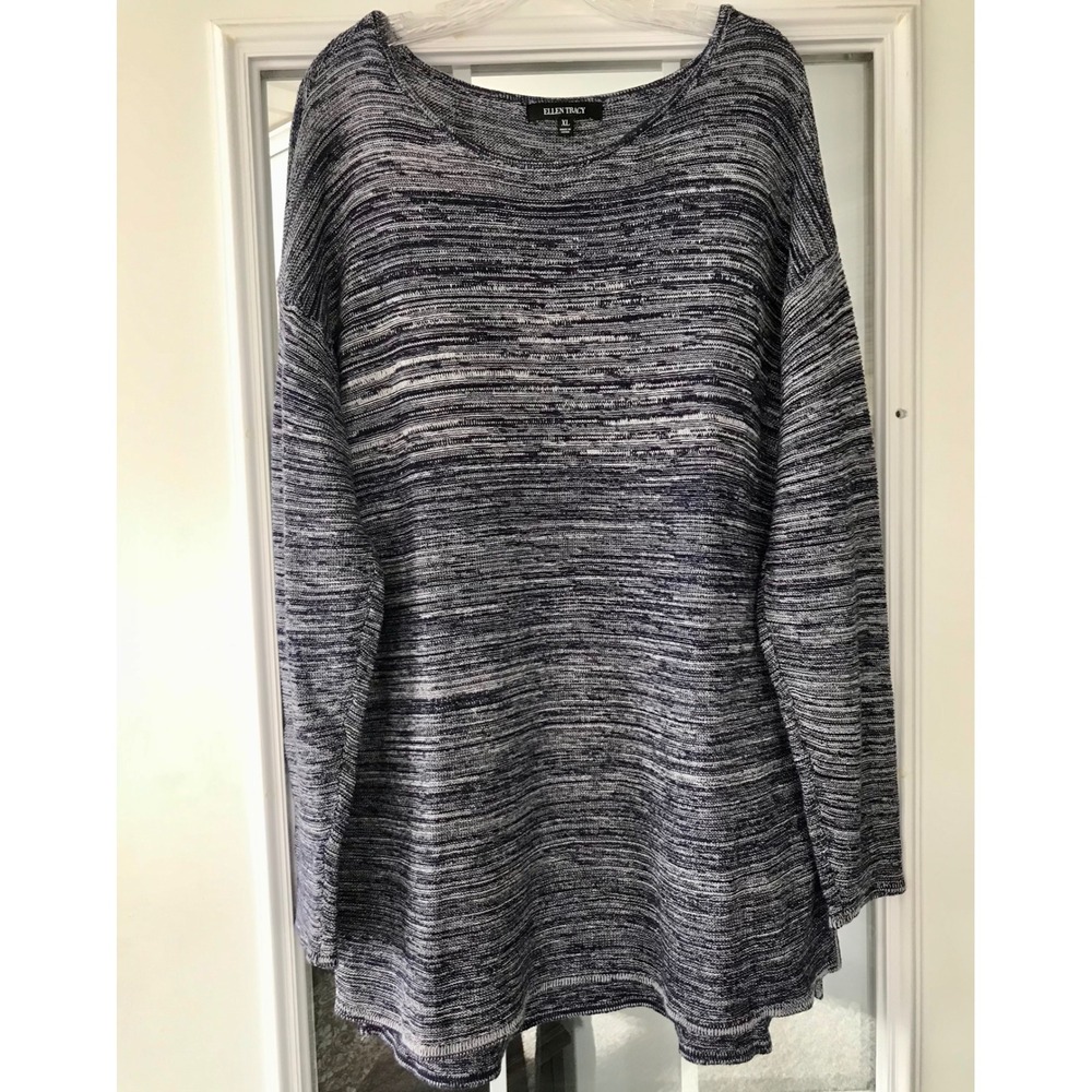 Ellen Tracy Striped Knit Sweater Top XL Blue White Boat‎ Neck Side Slits